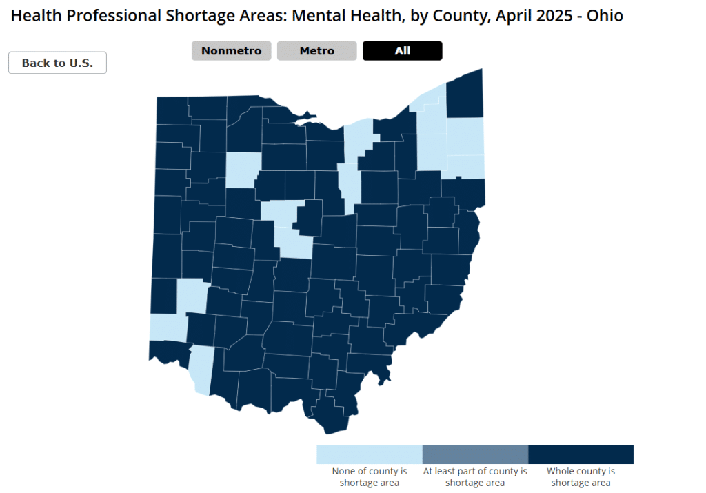 A map of Ohio showing healthcare professional shortage areas.