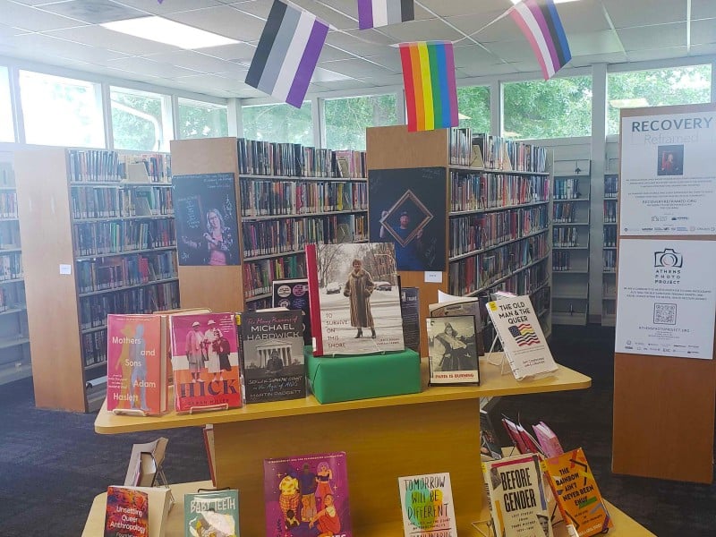 A display of books featuring LGBTQA+ characters and themes in the Athens County Public Library.