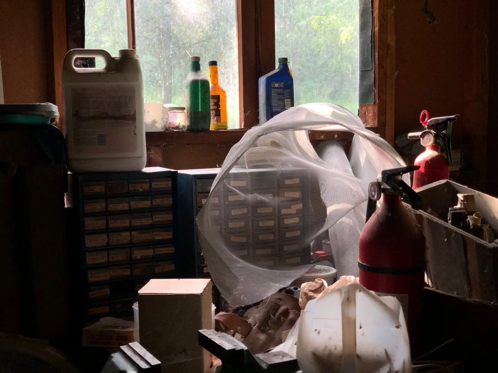 Shelf and window with old bottles of oil, etc.