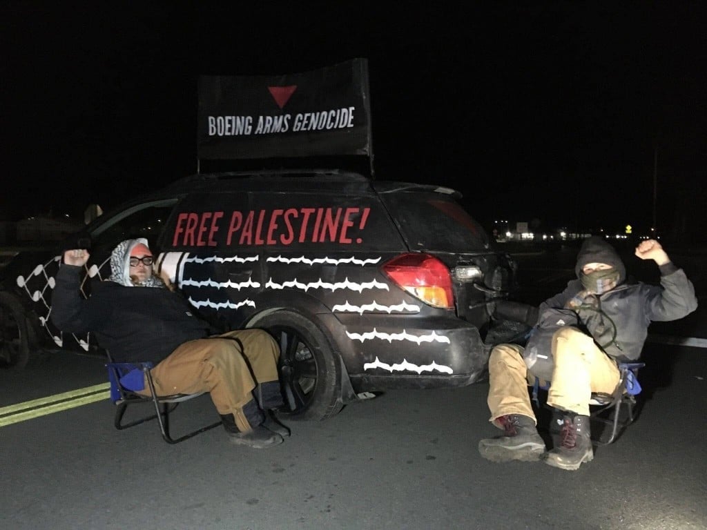 Protestors against Boeing block a roadway in March 2024. Epling and four others were arrested. Photo provided by Epling.