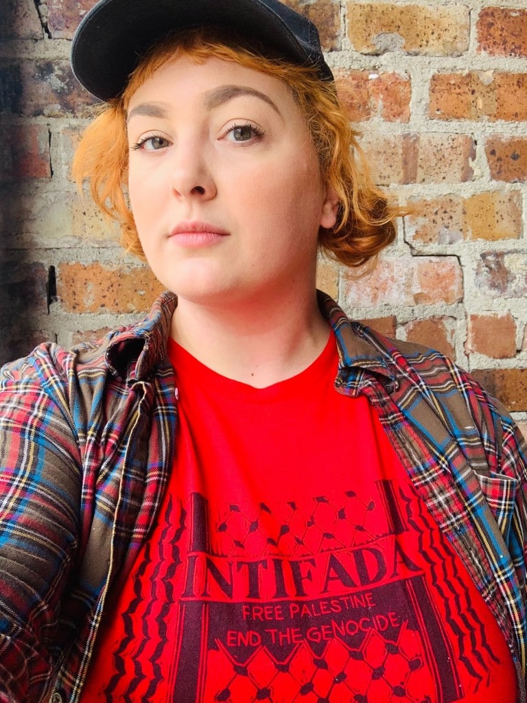 Nancy Epling wears a shirt that reads, ‘Intifada,’ an Arabic word for uprising and rebellion often used to refer to periods of mass upheaval against the Israeli occupation of Gaza and the West Bank.