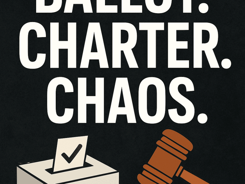 Image with text that says "Ballot. Charter. Chaos." featuring a gavel and ballot box.