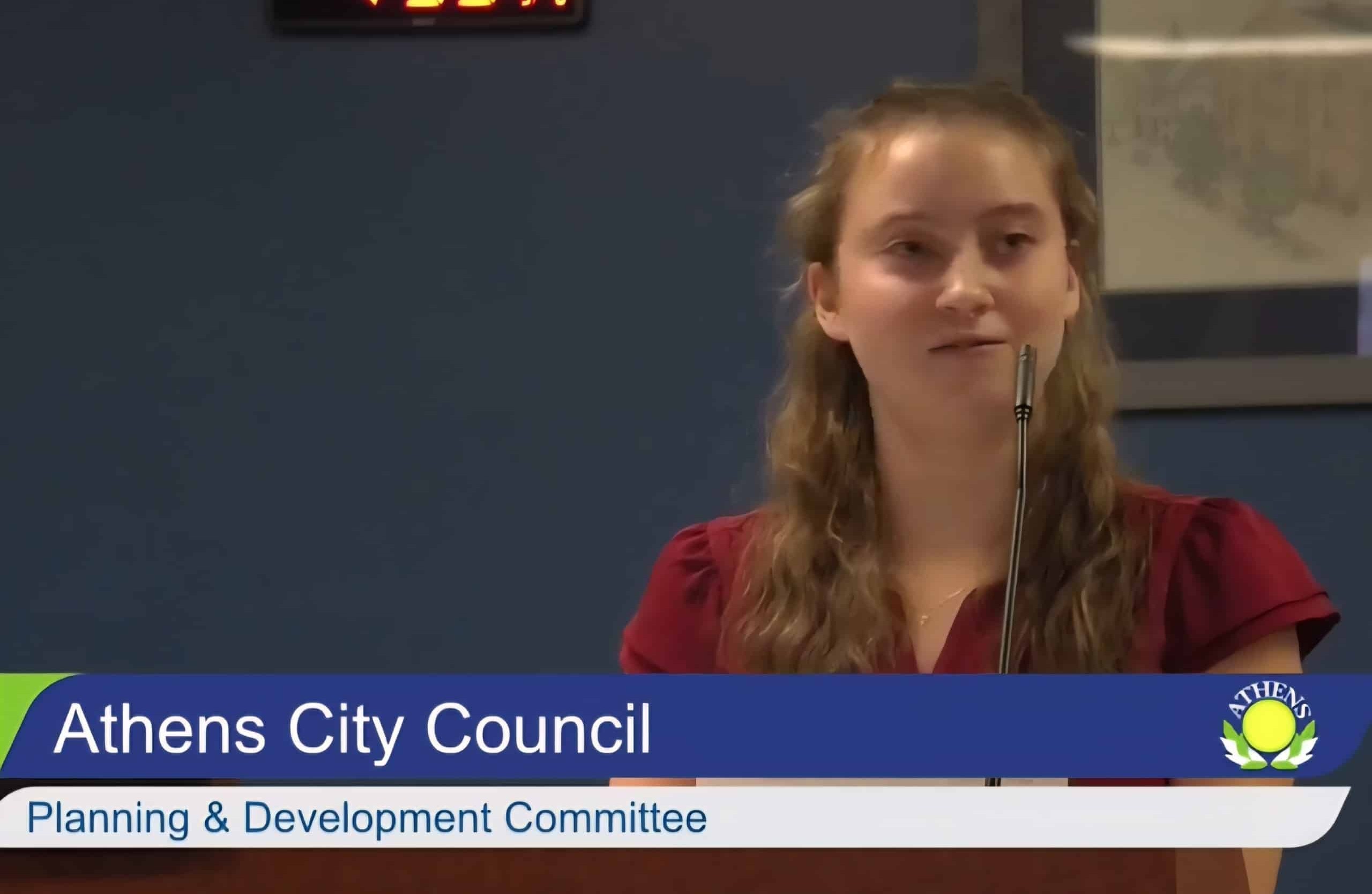 Screenshot of Megan Benjamin speaking before Athens City Council.
