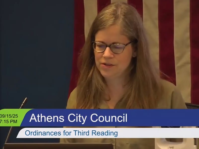 Councilor Beth Clodfelter, At Large, speaks about amending a proposed ordinance at Athens City Council’s meeting on Sept. 15, 2025.