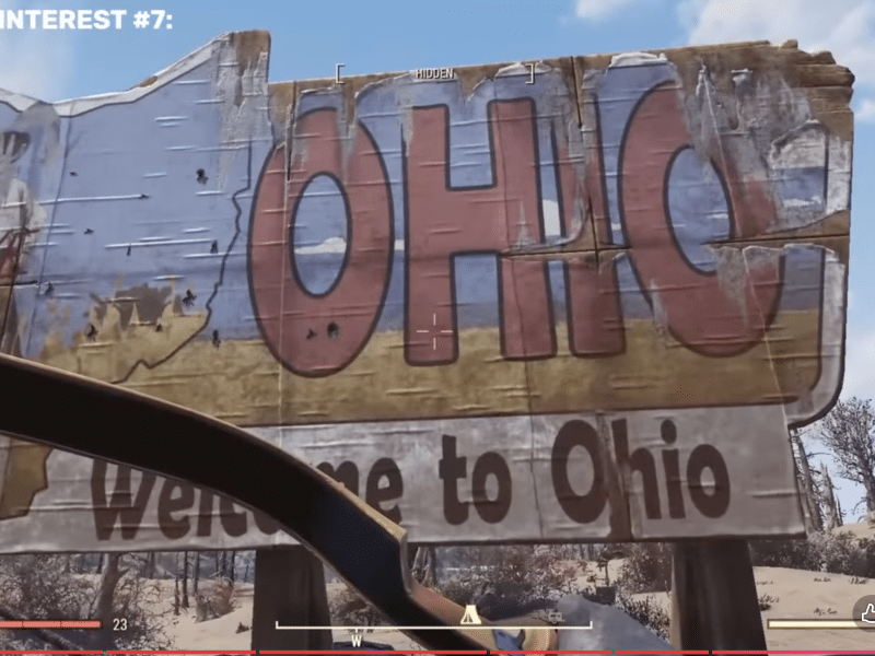 Screenshot from video game that shows "welcome to Ohio" sign