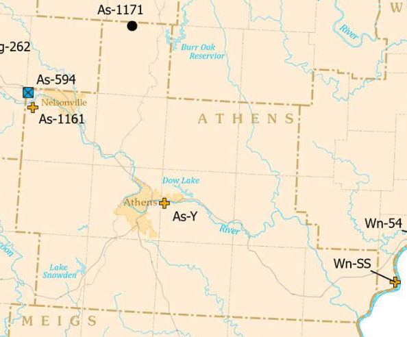 Screenshots from the 2024 Report on Ohio Mineral Industries showing the extent of mining operations in Athens County.