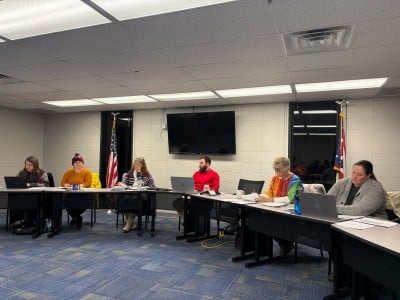 Nelsonville City Council braves harsh weather to approve 2026 budget on Tuesday Jan. 27. (L-R: McCray Powell, Nic Joseph-Saul, Amy Hollenbaugh, Cameron Peck, Nancy Sonick, Charlotte Beach).