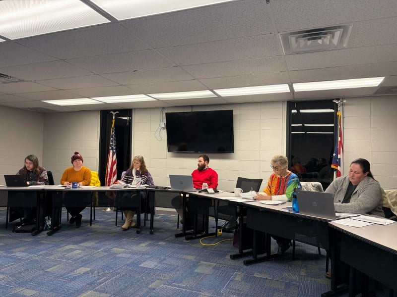 Nelsonville City Council braves harsh weather to approve 2026 budget on Tuesday Jan. 27. (L-R: McCray Powell, Nic Joseph-Saul, Amy Hollenbaugh, Cameron Peck, Nancy Sonick, Charlotte Beach).