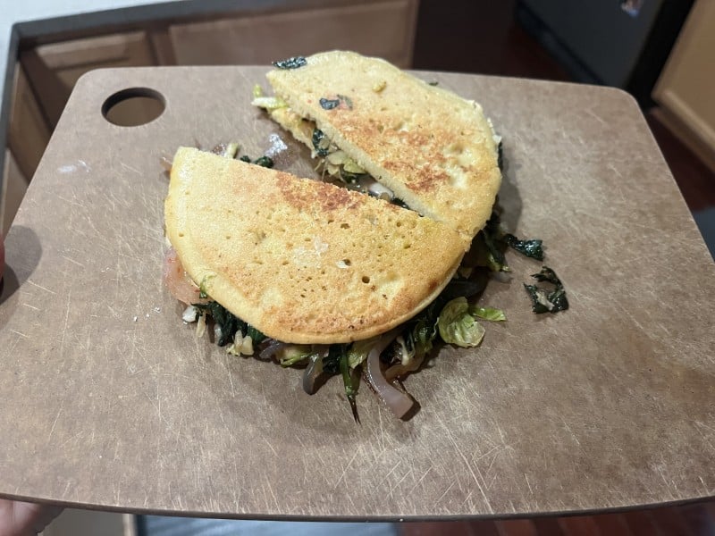 Home, Cooking: Greens Sandwich with Chickpea Pancakes